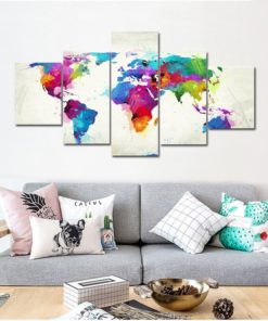 World map Water color Abstract art 5 Piece Canvas Print Poster Wall Art Home Decor